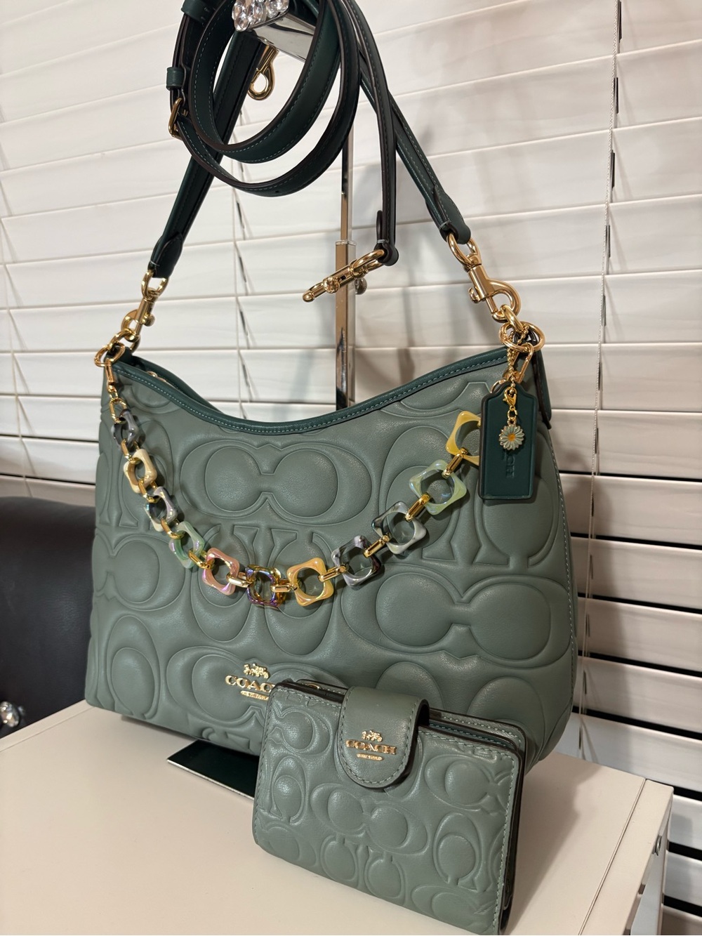COACH Laurel Shoulder Bag Signature Leather Bag and Wallet Sage Green - Picture 2 of 14